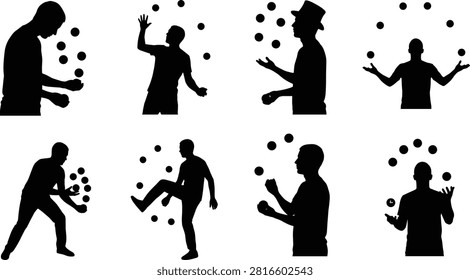 A detailed collection of black vector silhouettes featuring male jugglers performing trick catches and juggling multiple balls in dynamic poses on a white background.