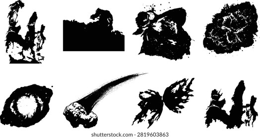 A detailed collection of black vector silhouettes featuring cosmic formations, nebula clouds, Pillars of Creation, supernova explosions, galaxy clusters, and meteor comet trails.