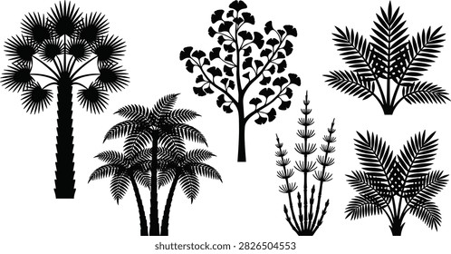A detailed collection of black vector silhouettes featuring prehistoric flora, ancient trees, and tropical plants including a fan palm, tree fern, ginkgo biloba tree, horsetail, and cycad palms. Perfect for dinosaur landscapes, botanical illustrations, nature logos, educational materials, and tropical graphics.