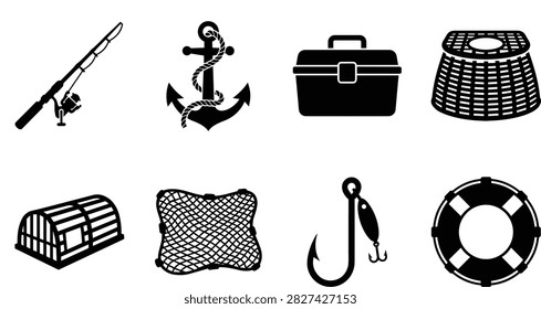 A detailed collection of black vector silhouettes illustrating essential fishing gear, traps, tackle, and nautical safety equipment isolated on a white background. Perfect for angling supply catalogs, fishing sports websites, marine navigation apps, outdoor recreation branding, and nautical-themed graphic designs.