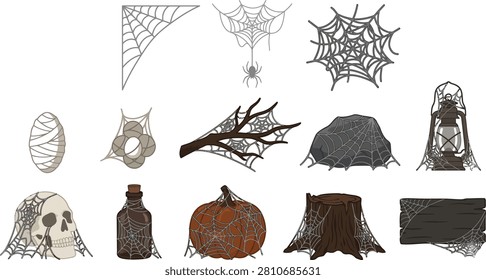 Detailed collection of creepy spider web vector illustrations featuring spooky halloween decorations like skulls pumpkins lanterns and wooden tree stumps