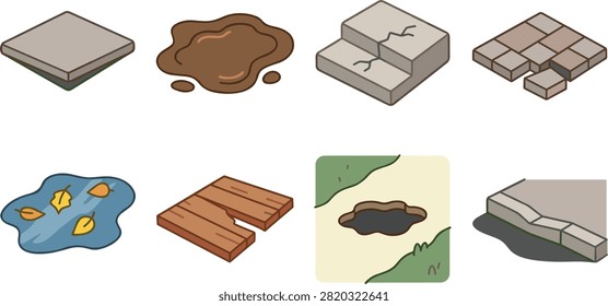 A detailed collection of damaged walking surfaces featuring cracked steps, loose paving stones, muddy puddles, broken wooden boards, potholes, and uneven curbs. Suitable for safety training, maintenance guides, accessibility projects, construction materials, and public hazard awareness.