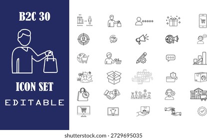 A detailed collection of editable vector line icons representing various aspects of business-to-consumer interactions, e-commerce, and customer experience.