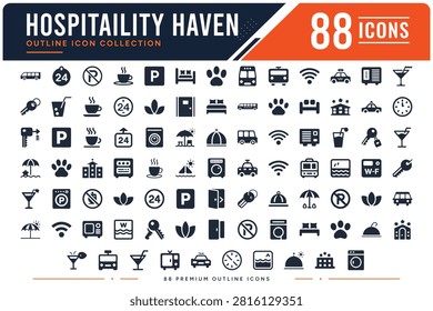 Detailed collection of eighty eight black silhouette hospitality icons featuring hotel amenities like rooms, transport, food, and various services