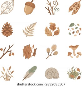 A detailed collection of flat icons representing organic leaf litter, skeletal leaves, acorns, seed pods, twigs, pinecones, and moss in autumn color tones, isolated on a white background.