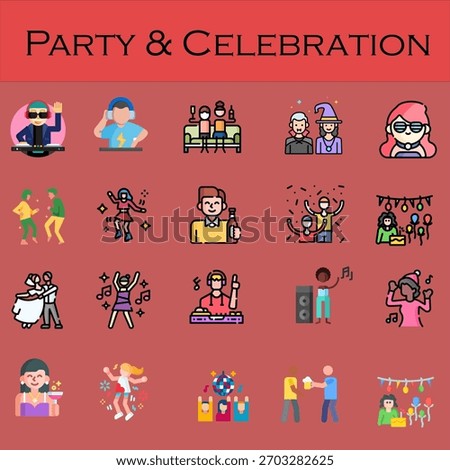 A detailed collection of flat line vector icons depicting various party scenes, nightlife, dancing, music, and people enjoying festive moments. Perfect for event apps and graphic design.