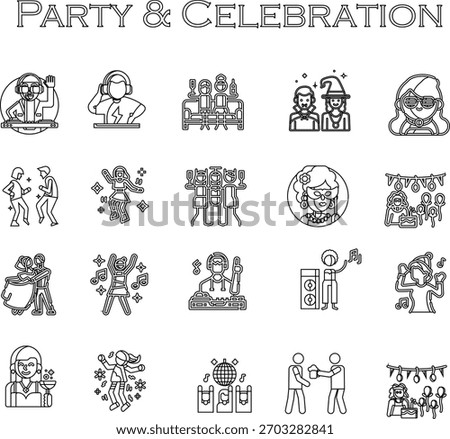 A detailed collection of flat line vector icons depicting various party scenes, nightlife, dancing, music, and people enjoying festive moments. Perfect for event apps and graphic design.