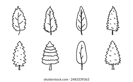 A detailed collection of hand-drawn pine trees,perfect for botanical illustrations and nature themed designs.Vector illustration