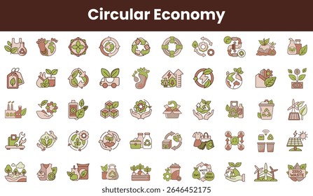 A detailed collection of icons representing the principles of the circular economy, emphasizing sustainability, recycling, and environmental responsibility.