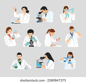 A detailed collection of illustrations featuring scientists working in a laboratory, for educational materials, science-related projects, medical illustrations, and research-themed designs