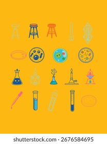 A detailed collection of laboratory design elements including lab stool, medical thermometer, petri dish, bunsen burner, and test tube, perfect for science, research, and medical projects.