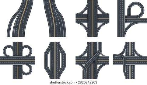A detailed collection of multilane highway interchanges, overpasses, loop ramps, merge lanes, and curved road layouts. Ideal for transportation maps, urban planning, traffic engineering, navigation graphics, infrastructure presentations, and road design projects.