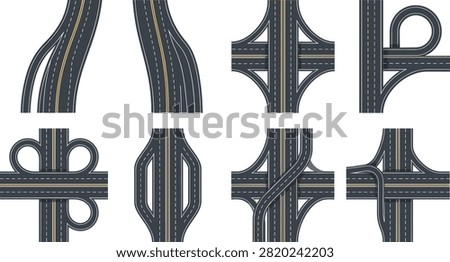 A detailed collection of multilane highway interchanges, overpasses, loop ramps, merge lanes, and curved road layouts. Ideal for transportation maps, urban planning, traffic engineering, navigation graphics, infrastructure presentations, and road design projects.