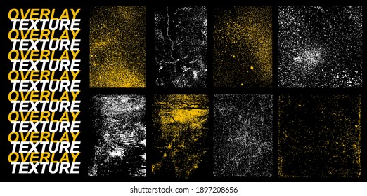 Detaillierte Kollektion Overlays Textur mit Effekten - Beschädigung, Alt, Riss, Getreide, schmutzigen Beton und andere. Unterschiedliche Farbstempeltextur mit Tropffarbe, Halbstempel. Vektor-Overlay-Effekt-Vintage