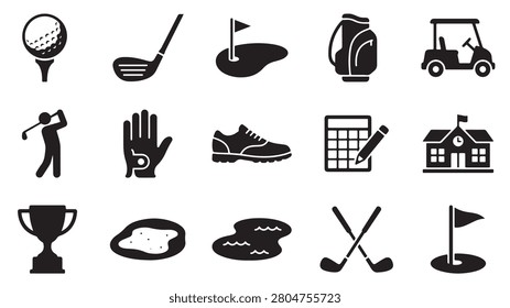 Detailed collection of professional black vector golf icons featuring essential sporting equipment like clubs balls bags footwear and course accessories designed with clean minimalist aesthetic lines for high quality digital projects requiring simplified graphic representations of popular outdoor recreational sports activities for modern mobile or web applications