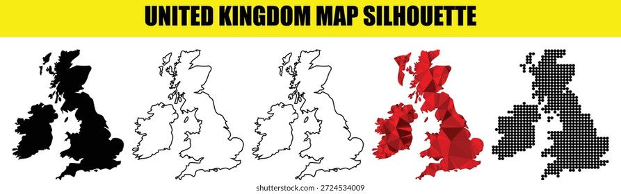 Coleção detalhada de fronteiras do reino unido com a Grã-Bretanha e a irlanda do norte em vários estilos, como polígonos geométricos facetados mais contornos clássicos e redes de pontos digitais modernas