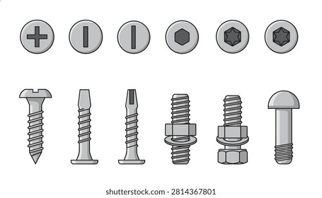 Detailed collection of various screw head types and threaded metal fasteners for construction and engineering projects.
