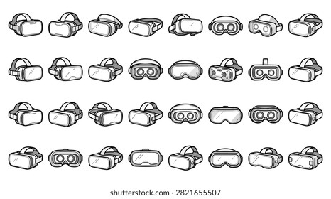 A detailed collection of various virtual reality headsets drawn in a simple sketch style, showcasing different designs and forms.