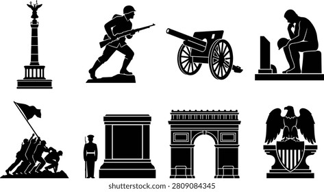 A detailed collection of war memorial, monument, military statue, and commemorative landmark silhouettes. Ideal for history publications, educational materials, heritage projects, patriotic designs, and architectural illustrations.