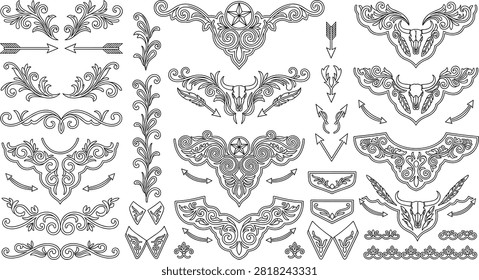 A detailed collection of Western-style decorative vector elements featuring bull skulls, arrows, floral scrolls, and ornate swirl patterns. Perfect for tattoo designs, vintage labels, logo embellishments, and ornamental graphic projects.