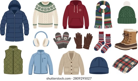 A detailed collection of winter clothing vector illustration featuring warm jackets sweaters scarves gloves boots hats and cozy accessories