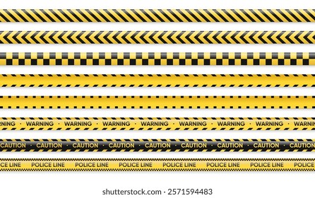 A detailed collection of yellow and black warning, caution, and police line tapes with various patterns for crime scenes and safety barriers.
