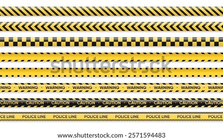 A detailed collection of yellow and black warning, caution, and police line tapes with various patterns for crime scenes and safety barriers.
