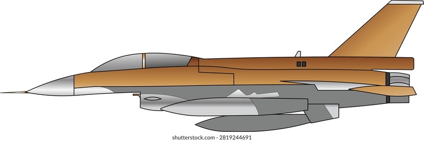 Detailed color side profile vector illustration of a Lockheed Martin F-16C Barak military fighter jet in camouflage. Fighter jet side view vector illustration.