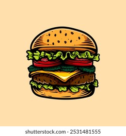 detailed colored big burger line art style sketch classic vintage design illustration