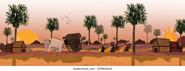 Ilustración detallada de Myanmar Village Skyline con cabañas. Ilustración de vectores de paisajes de aldea. Agricultores de Myanmar cultivan arroz durante la temporada de monzón.