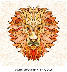 Detailed colored Lion in aztec style. Patterned head of the lion on isolated background. African indian totem tattoo design. Vector illustration. Eps10.
