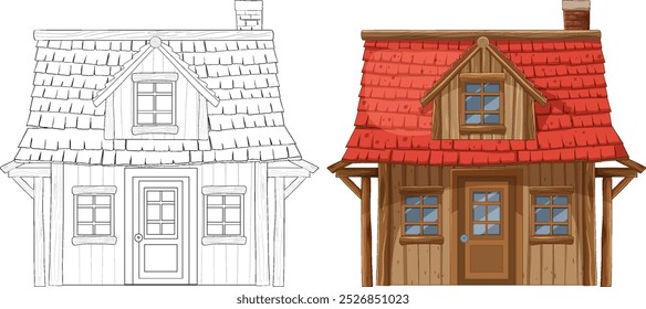 Ilustración vectorial detallada de la casa coloreada y de contorno