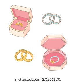 Una Ilustración vectorial de colores detallados con un par de anillos de bodas y un anillo de compromiso presentado en elegantes cajas de anillo.