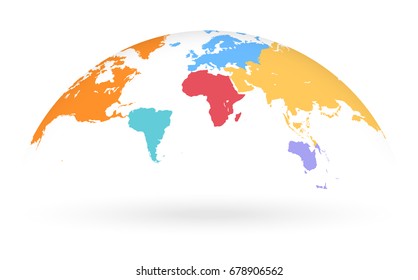 Detailed colored world map, with different colors for each continent, mapped on an open globe, isolated on white background