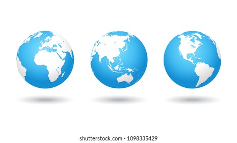 Detaillierte bunte Weltkarte, auf drei Globen kartiert, zentriert auf Europa, Asien und Amerika einzeln auf weißem Hintergrund