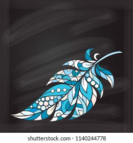 Detailed colorfol patterned feather boho illustration in Native American Indian style on a chalkboard background