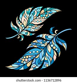 Detailed colorfol patterned feathers boho illustration in Native American Indian style