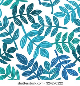 Detailed colorful background with leaves of tropical plants randomly arranged, palm branches in different shades of blue, vector seamless pattern