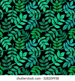 Detailed colorful background with leaves of tropical plants randomly arranged, palm branches in different shades of green, vector seamless pattern with a black backdrop