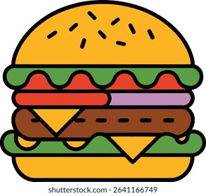 Detailed Colorful Burger Illustration Perfect for Advertising and Restaurant Branding Concepts.
