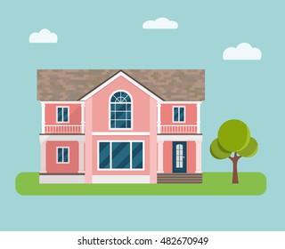 Detailed colorful cottage. Country house. Vector flat illustration
