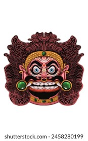 A detailed and colorful demon mask, traditionally crafted, showcases an intricate design that symbolizes cultural stories and rituals. The mask features exaggerated facial expressions with wide eyes.