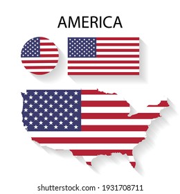 Detailed colorful flag map of america. America geography shape national symbol. isolated on white background. vector illustration in flat style modern design.