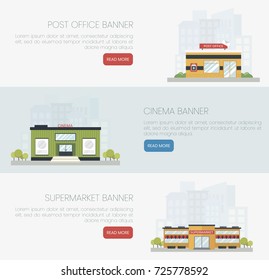 Detailed colorful flat buildings of post office, cinema and supermarket. Public buildings. Conceptual cartoon vector Illustration for web banners or promotional materials.