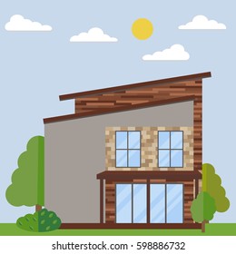 Detailed colorful flat house. Home, forest landscape and trees.Vector illustration