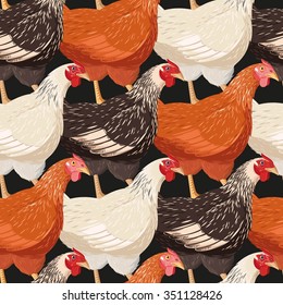 Detailed colorful hens vector seamless background pattern