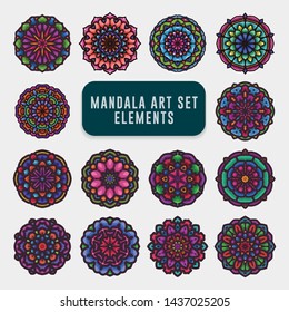 Detailed colorful mandala art set. Vintage mandala art with rounded floral abstract ornament. Mandala pattern background