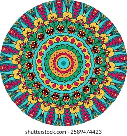 A detailed, colorful mandala design features concentric circles of intricate floral and geometric patterns.