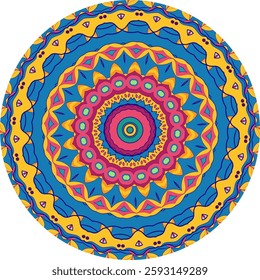 A detailed, colorful mandala design features concentric circles of intricate floral and geometric patterns.