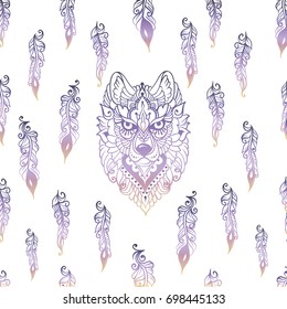 detailed colorful ornamental seamless pattern with tribal ethnic wolf and feathers, hand drawn abstract artwork in line art graphic style, gradient vector illustration
